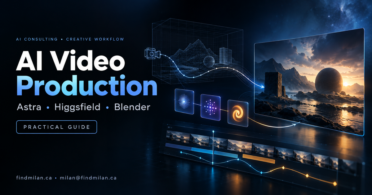 AI video production workflow showing a wireframe 3D scene and camera path becoming a finished cinematic frame above an editing timeline