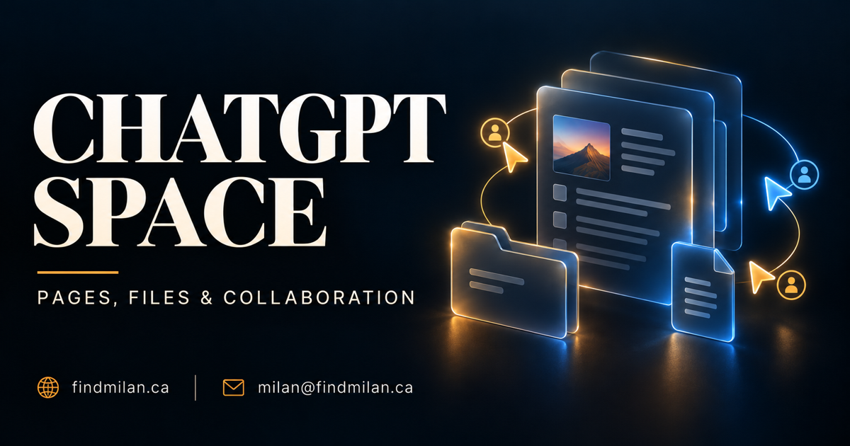 ChatGPT Space guide artwork with layered pages, a folder, and collaboration symbols on a dark blue background
