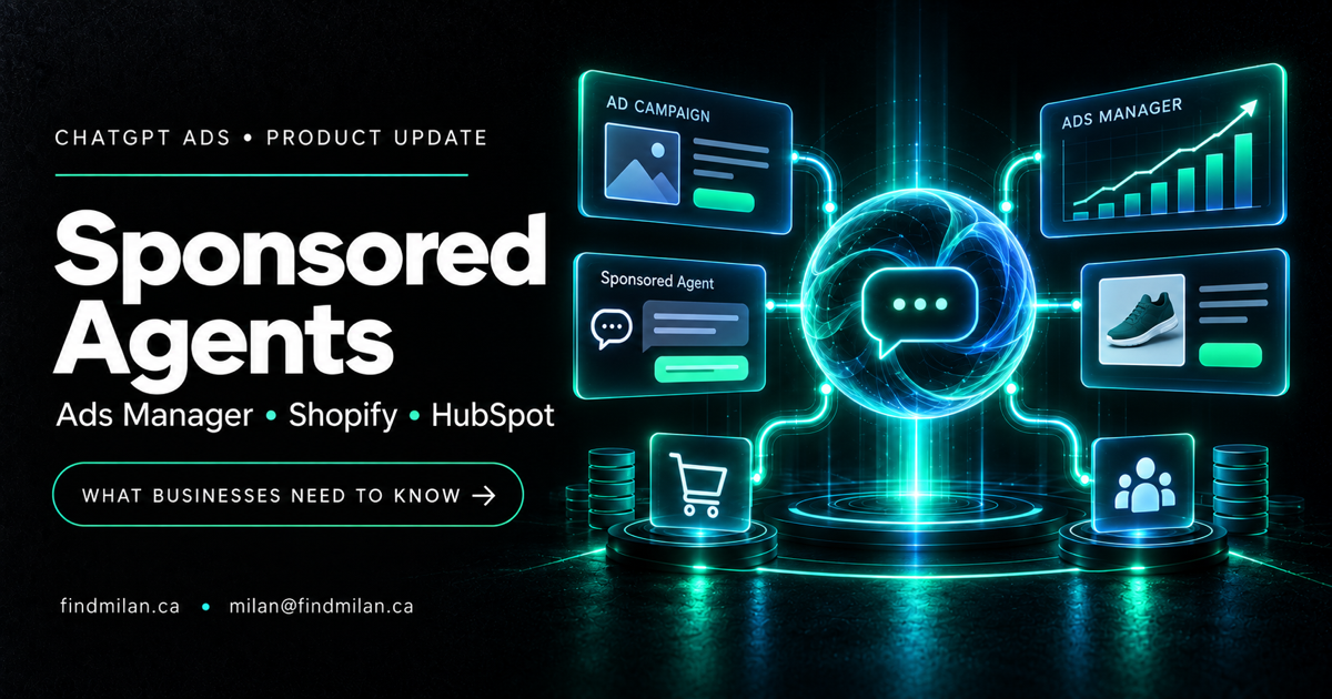 ChatGPT Ads guide showing Sponsored Agents connected to Ads Manager, campaign analytics, ecommerce, and customer relationship tools
