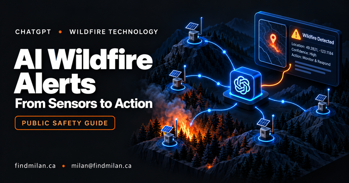 Connected wildfire sensors sending field data to an AI interface that produces a clear location alert