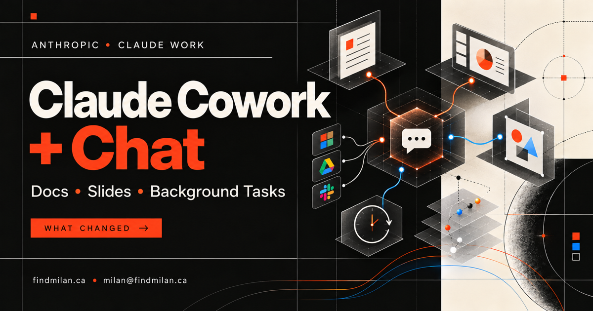 Claude Cowork and chat merge guide showing one conversation producing documents, slides, designs, and scheduled background work