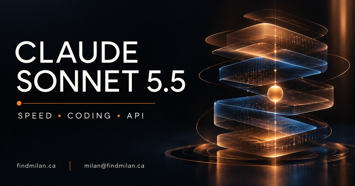 Claude Sonnet 5.5 FindMilan social card with layered amber and blue AI-workflow artwork