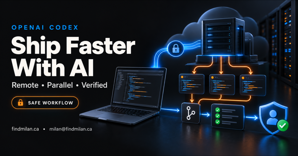 Secure OpenAI Codex remote development workflow connecting a laptop to parallel coding agents, Git checkpoints, automated tests, and an independent reviewer