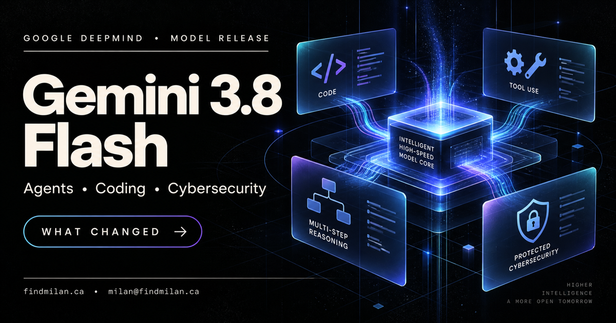Gemini 3.8 Flash guide illustrating an AI model core connected to coding, tool use, multi-step reasoning, and cybersecurity