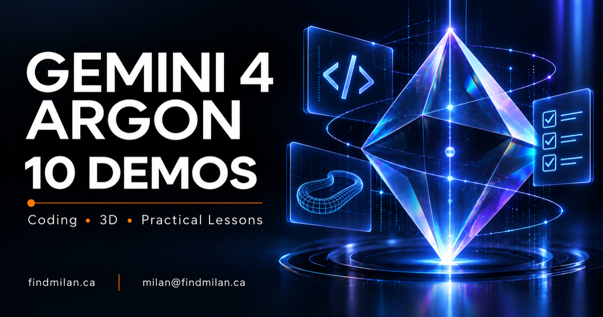 Gemini 4 Argon 10 Demos cover with a blue-violet prism, code, wireframe and checklist illustrations on navy, with FindMilan contact details