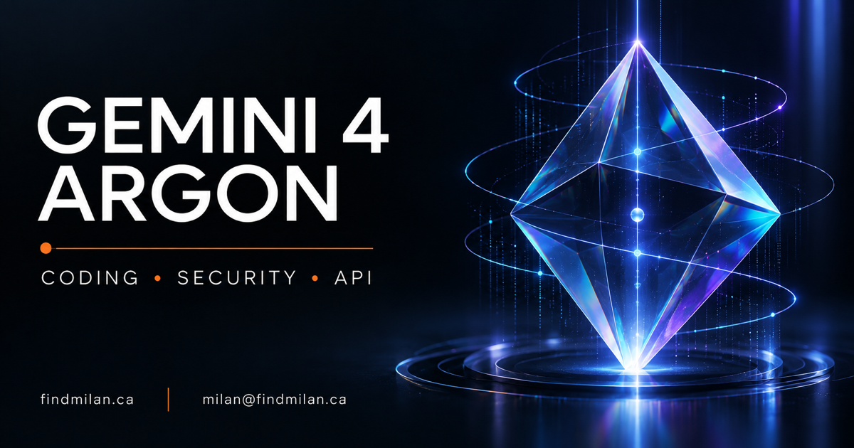 FindMilan Gemini 4 Argon social card with a luminous blue prism and coding, security, and API topics