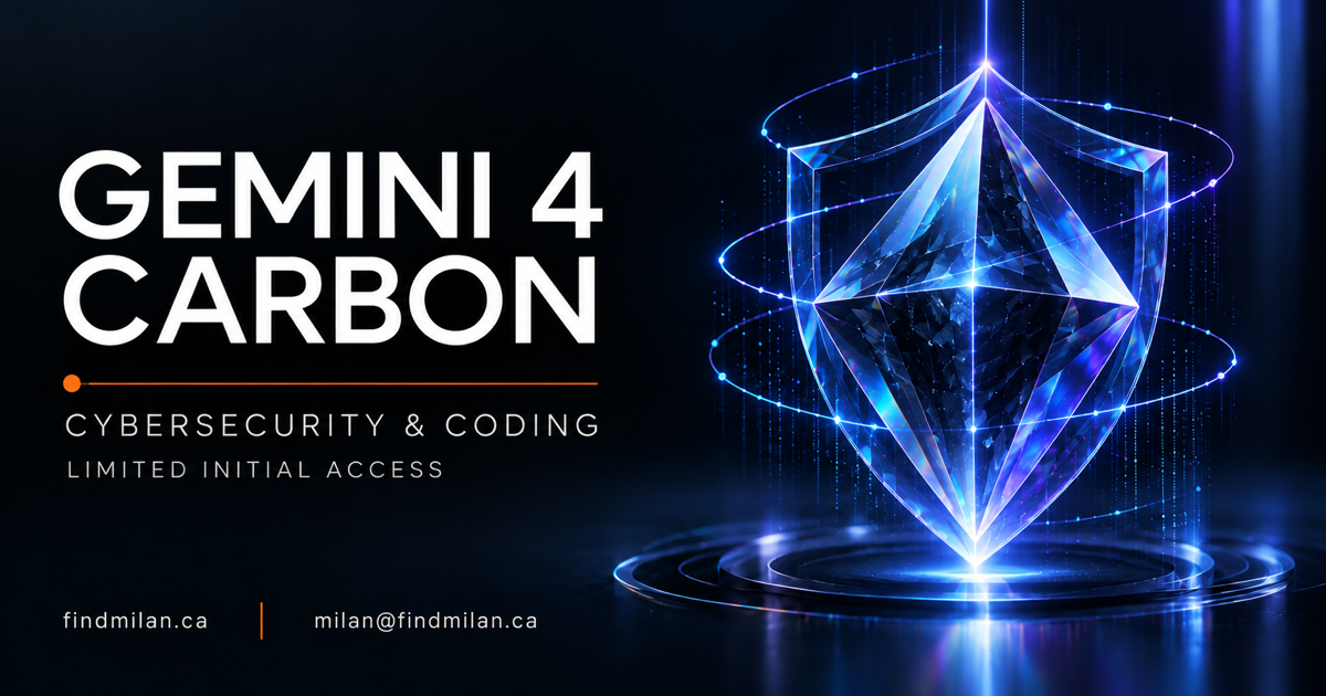 Gemini 4 Carbon headline with cybersecurity and coding labels beside a blue-violet glass crystal and shield, with FindMilan website and email