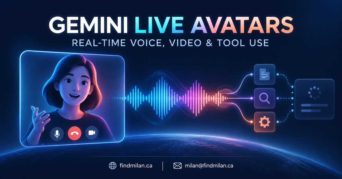 Gemini Live Avatar concept showing a conversational avatar connected to real-time speech and background tools
