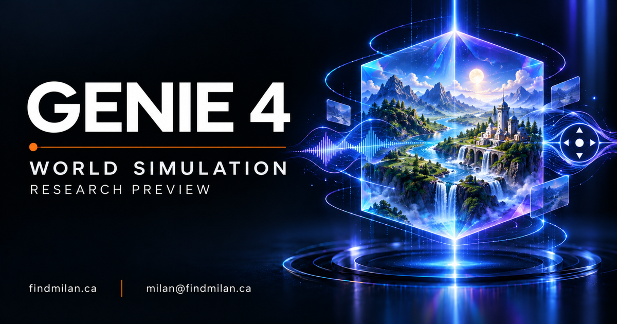 Genie 4 research preview headline beside a blue-violet glass cube containing mountains, waterfalls and a castle, with audio waves and FindMilan contact details