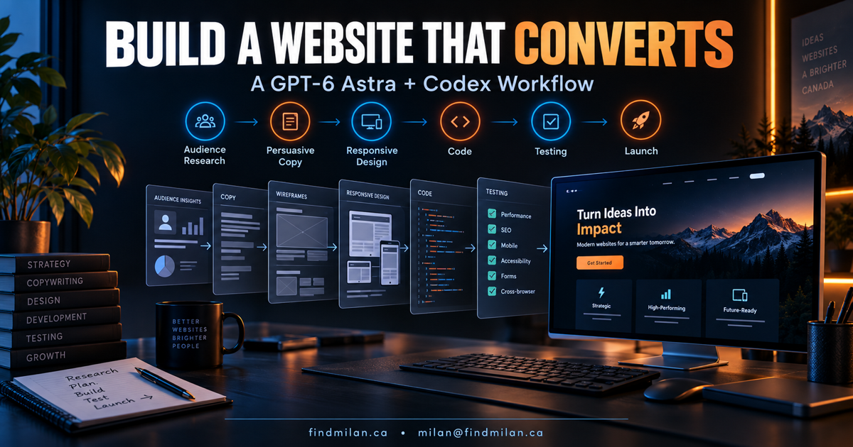 GPT-6 Astra and Codex website workflow moving from audience research and persuasive copy through responsive design, code, testing, and launch