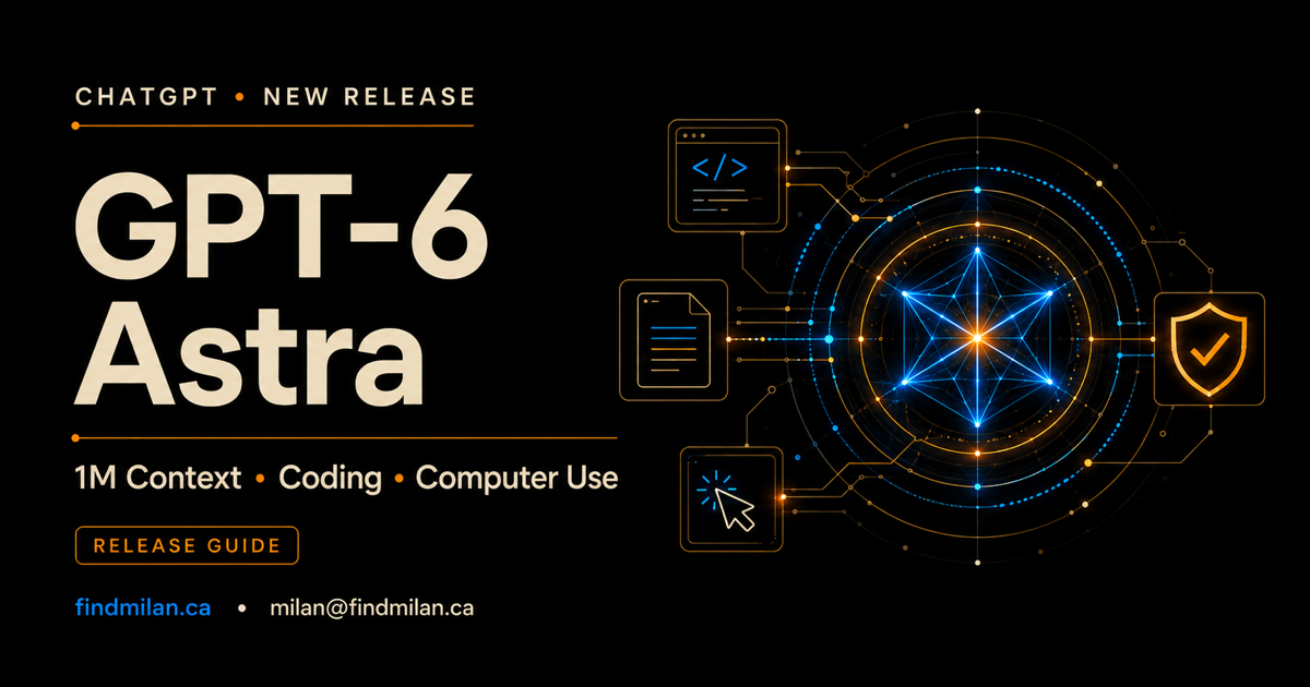 GPT-6 Astra release guide featuring a luminous intelligence core connected to coding, documents, computer use, and safety