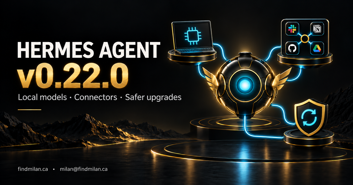 Hermes Agent v0.22.0 cover with a gold and cyan winged agent core, laptop, Slack, Notion, GitHub and Drive symbols, an update shield and FindMilan contact details