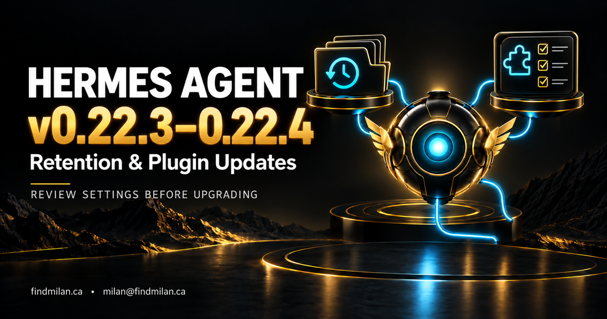 Black and gold Hermes Agent v0.22.3–0.22.4 Retention and Plugin Updates cover with a cyan winged core, history folders, plugin checklist and FindMilan contact text