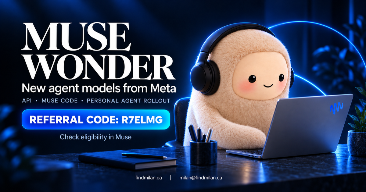 Muse Wonder cover showing the cream furry Muse mascot wearing headphones at a laptop, blue lighting and the referral code R7ELMG, with FindMilan contact details