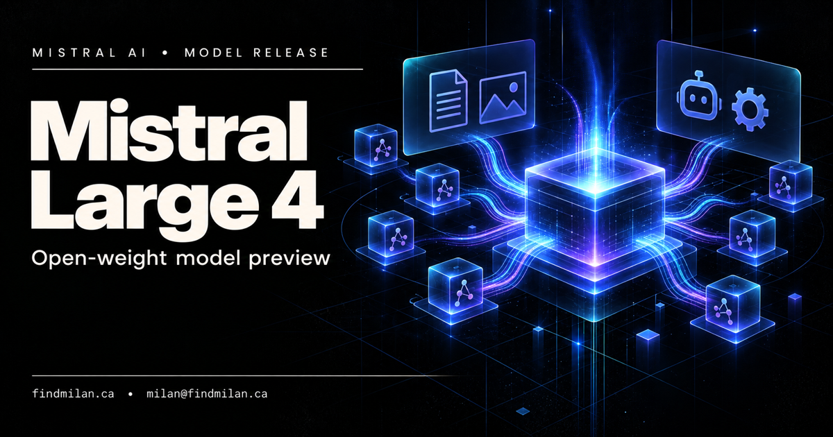 Mistral Large 4 model preview card with a glowing mixture-of-experts core connected to document, vision, and agent-tool panels