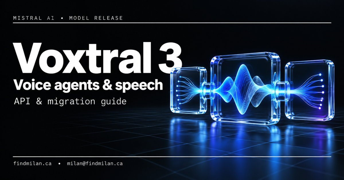 Voxtral 3 voice-agent cover with white lettering and a blue-violet glass audio waveform pipeline, with FindMilan site and contact text