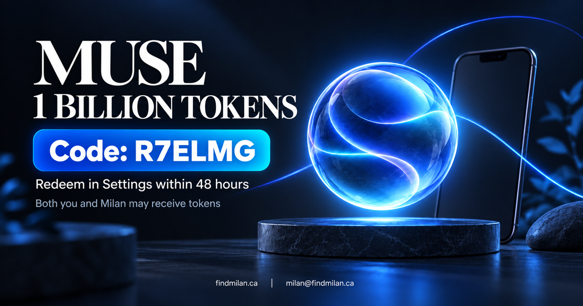 Blue FindMilan Muse referral card showing code R7ELMG, the advertised 1-billion-token offer, and Milan's contact details