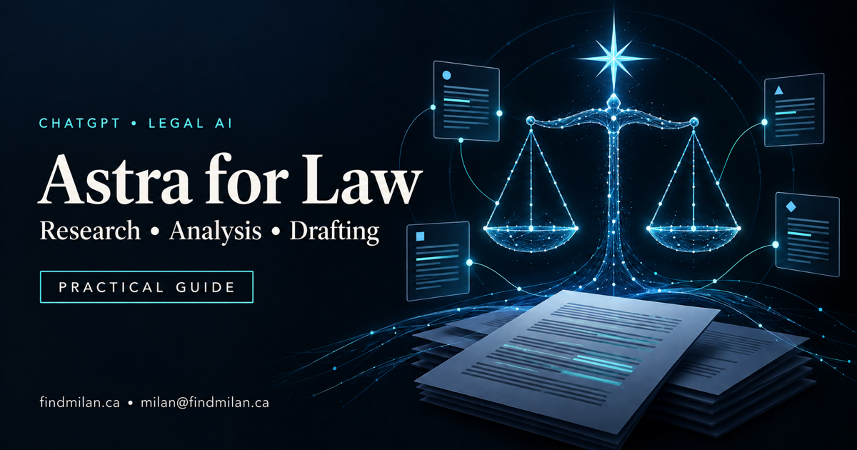 Astra for Law featured image with digital scales, legal documents, research nodes, and a blue star on a dark background