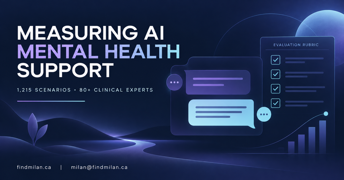 MentalHealthBench research overview showing an AI conversation beside a structured evaluation rubric