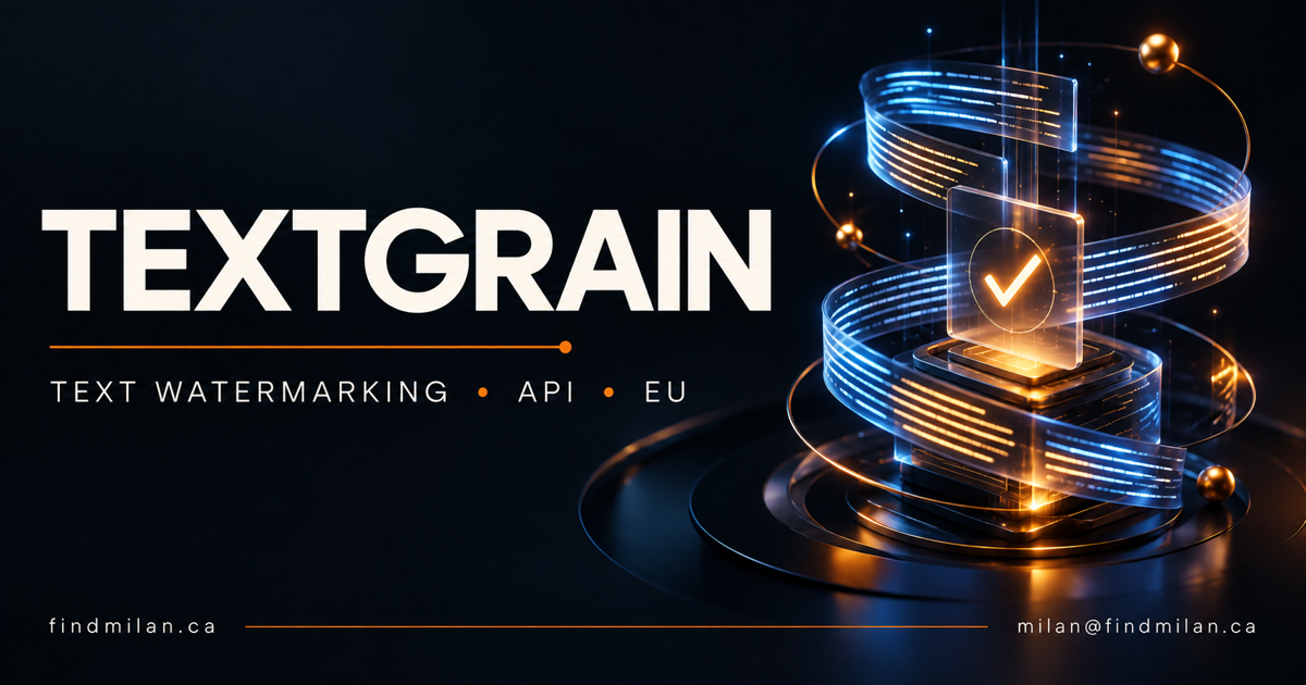 FindMilan social card with blue and amber text streams crossing a subtle signal to illustrate OpenAI text watermarking