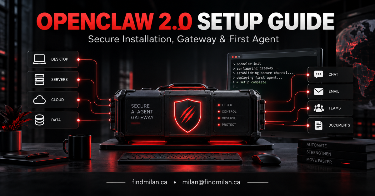 OpenClaw 2.0 secure setup guide showing a protected AI agent Gateway connected to desktop, server, cloud, chat, email, teams, and documents