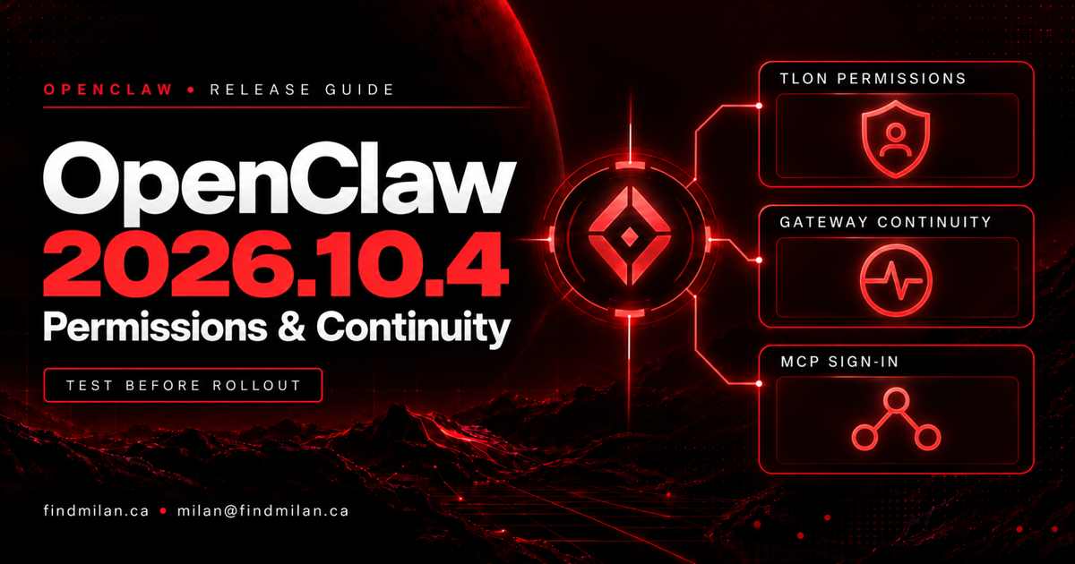 OpenClaw 2026.10.4 release artwork with a red agent core and panels representing Tlon permissions, Gateway continuity and MCP sign-in