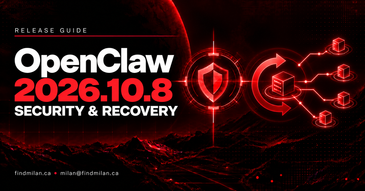 OpenClaw 2026.10.8 security and recovery cover with a red Gateway loop, shield and FindMilan contact details