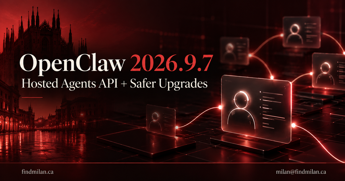 Red FindMilan card for OpenClaw 2026.9.7 showing connected agent workspaces and the hosted Agents API release