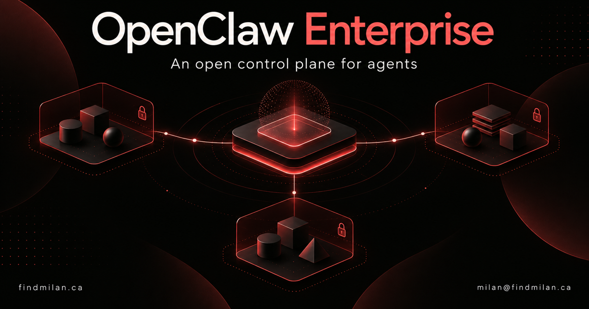 Red and black FindMilan OpenClaw Enterprise card showing a central control plane and three separated agent workspaces