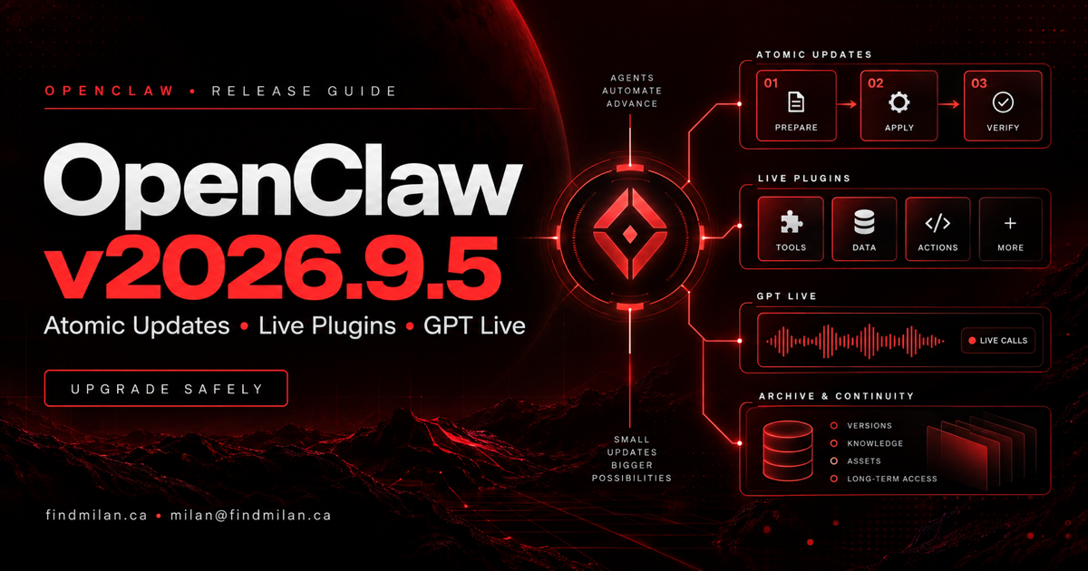 OpenClaw v2026.9.5 release guide showing a red agent core connected to Atomic Updates, live plugins, GPT Live, and conversation archives
