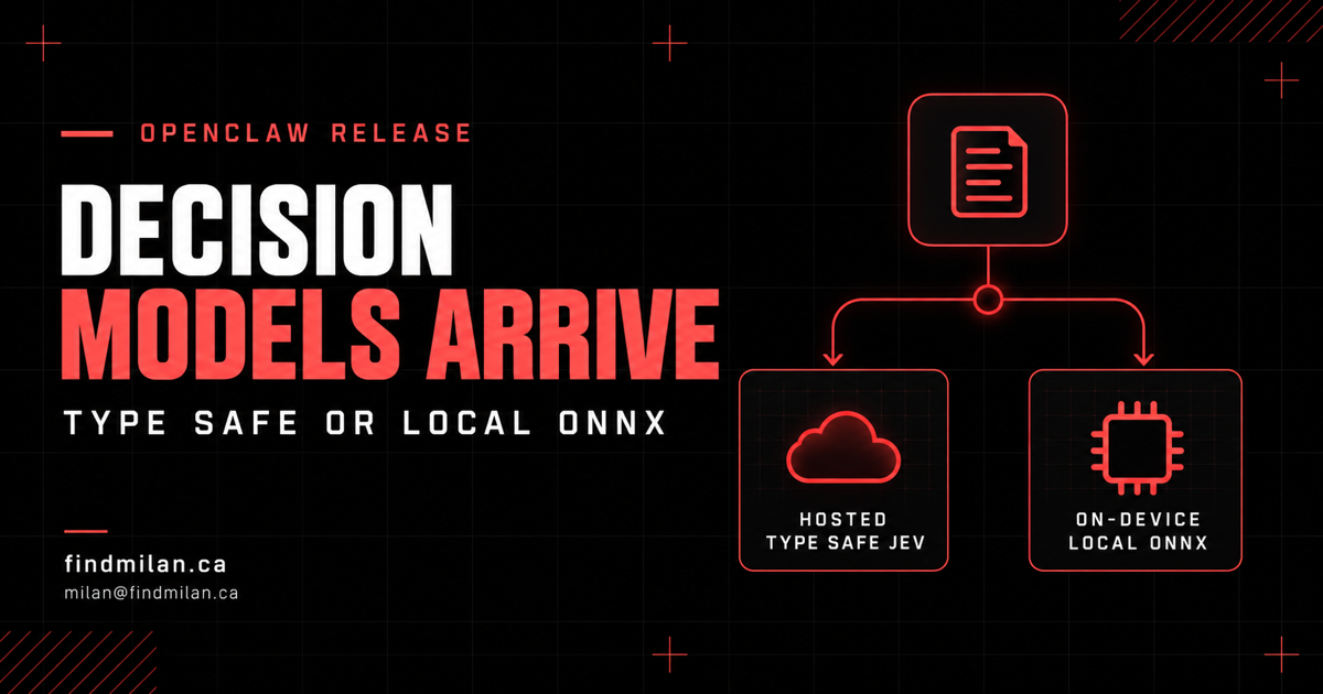 OpenClaw 2026.9.6 decision-model overview comparing hosted TypeSafe evaluation with optional local ONNX decisions