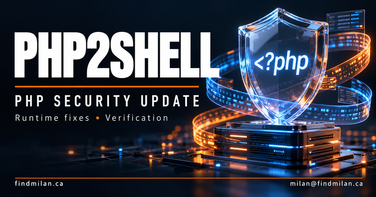 PHP2Shell security-update cover with large white lettering and a blue-orange glass shield above a server, with FindMilan site and contact text