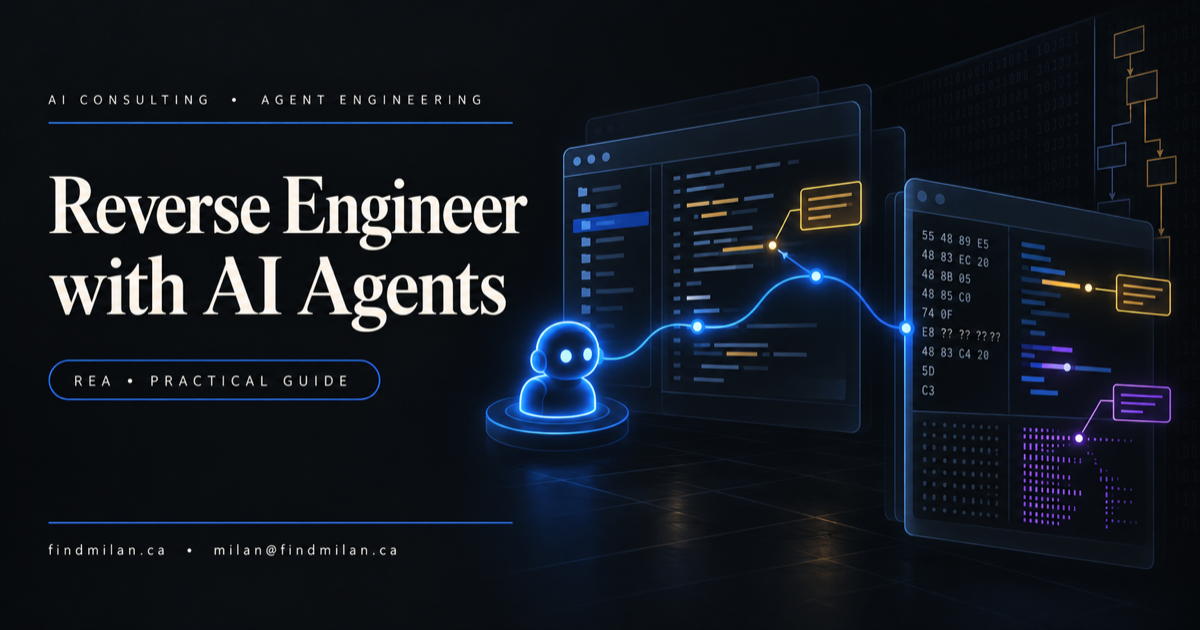 Ivory Reverse Engineer with AI Agents headline on a dark background beside a blue agent tracing application code into a binary analysis window, with FindMilan website and email branding.
