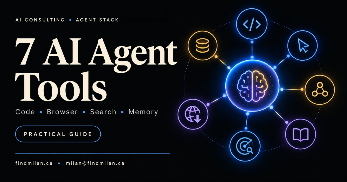 Seven AI agent tool nodes connected to a central agent core for code, browser, search, app actions, documentation, extraction, and memory