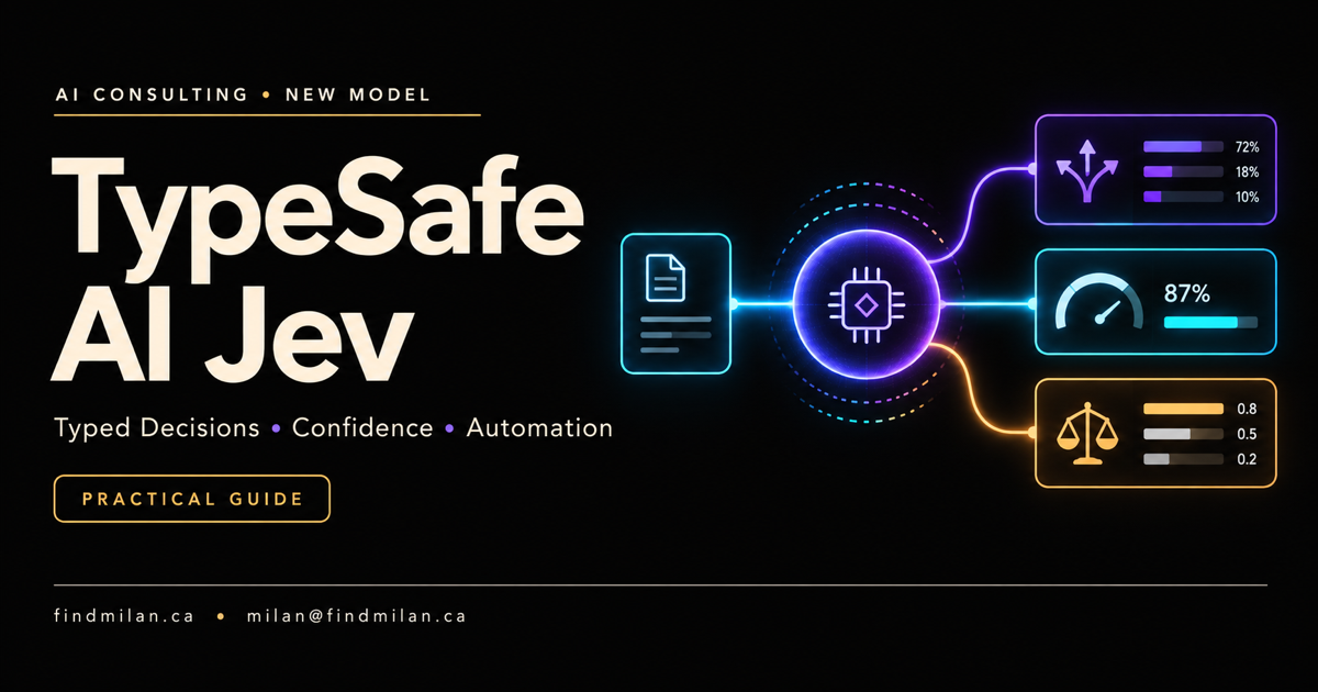 TypeSafe AI Jev guide showing structured input flowing through a decision model into choice, confidence, and score outputs