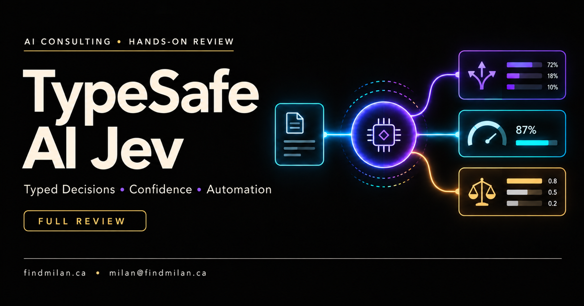 TypeSafe AI Jev full review showing structured state flowing into typed choices, confidence scores, and automation decisions