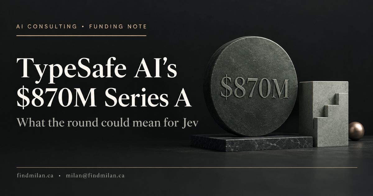 FindMilan cover for TypeSafe AI’s $870 million Series A, with an embossed funding medallion and a stepping motif in the site’s charcoal and sage-gray palette