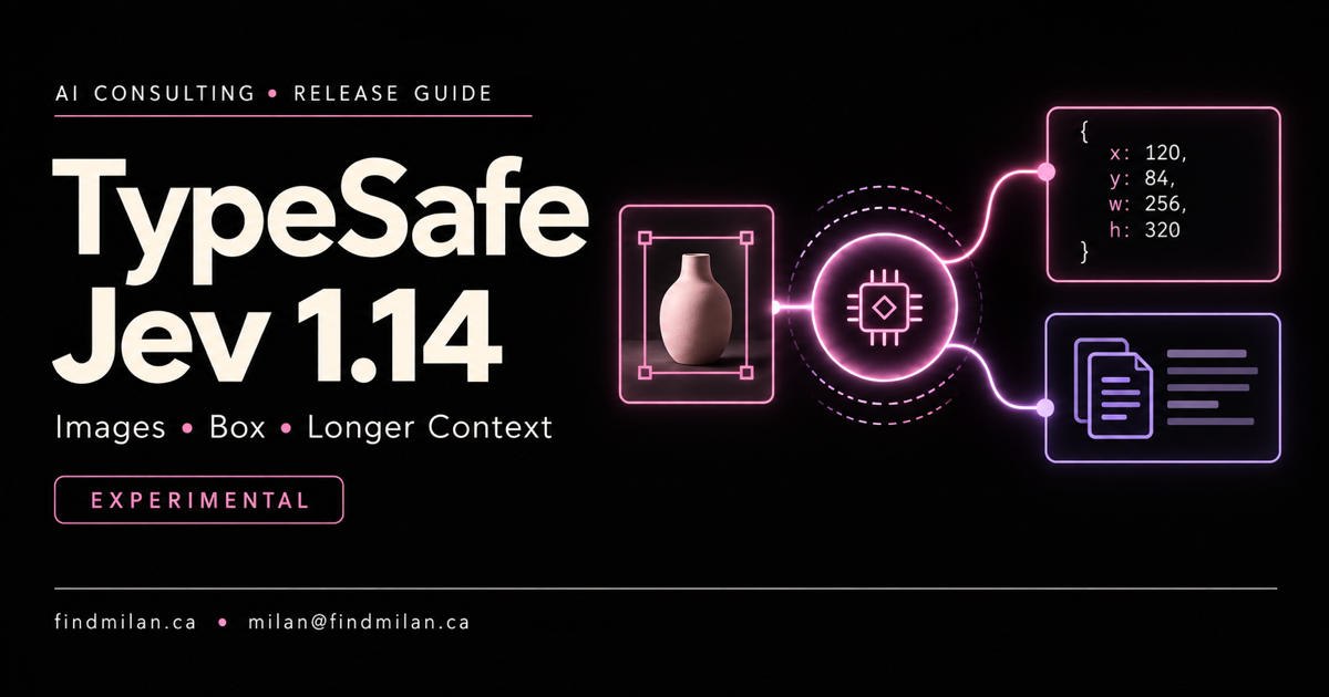 TypeSafe Jev 1.14 conceptual cover with a pink vase inside a bounding box, an illustrative coordinate panel, an Experimental label and FindMilan contact details