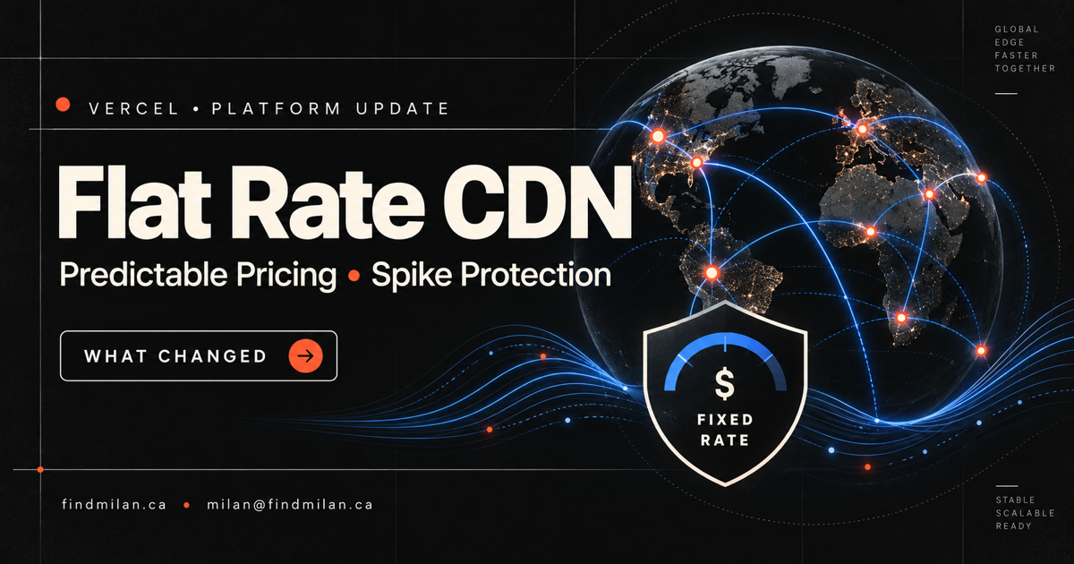 Vercel Flat Rate CDN guide showing a global edge network, predictable pricing, and traffic spike protection