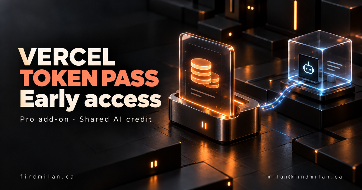 Cream and coral Vercel Token Pass early access lettering beside a glowing token-credit pass in a metal dock connected to a glass agent terminal, with FindMilan contact details