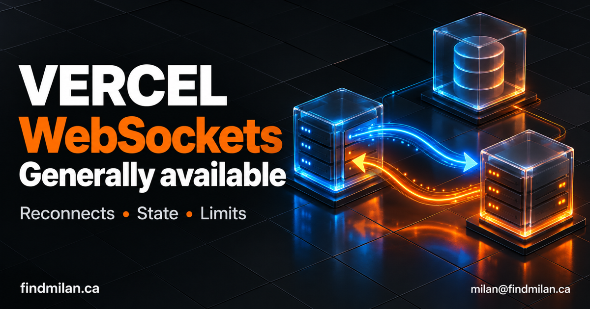 Vercel WebSockets cover with white and orange lettering and blue-orange glass connection nodes on a dark tiled surface, with FindMilan site and contact text